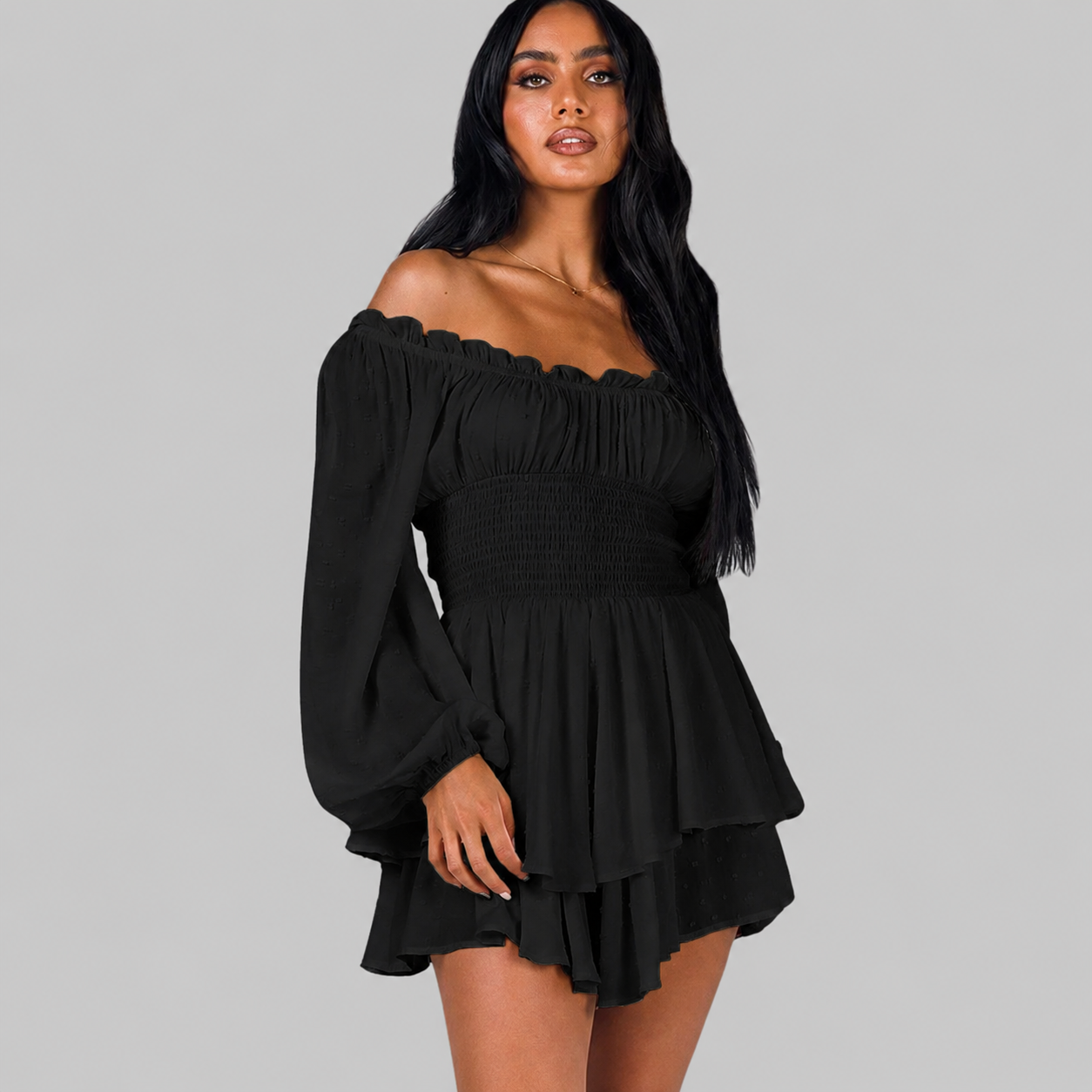 Chic Off Shoulder Playsuit with Puff Sleeves and Tiered Skirt