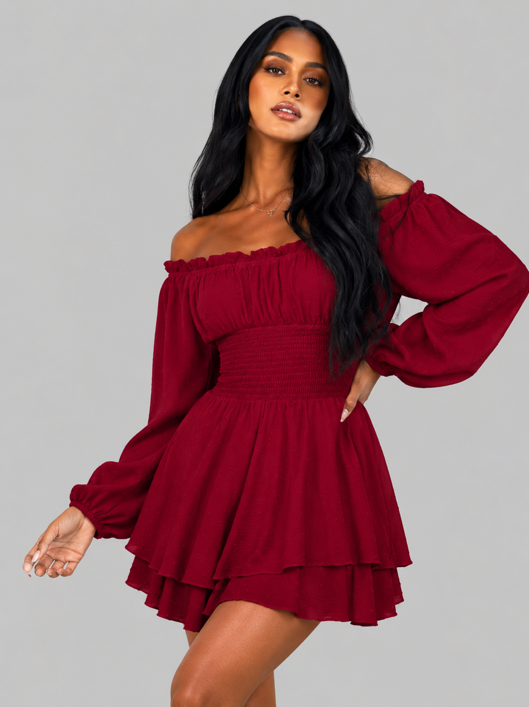 Chic Off Shoulder Playsuit with Puff Sleeves and Tiered Skirt
