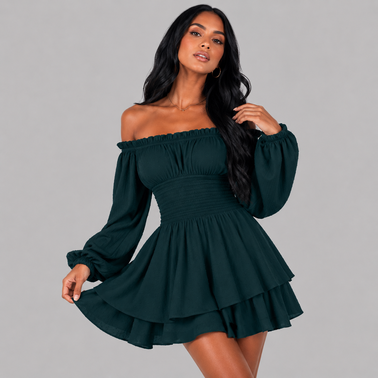 Chic Off Shoulder Playsuit with Puff Sleeves and Tiered Skirt
