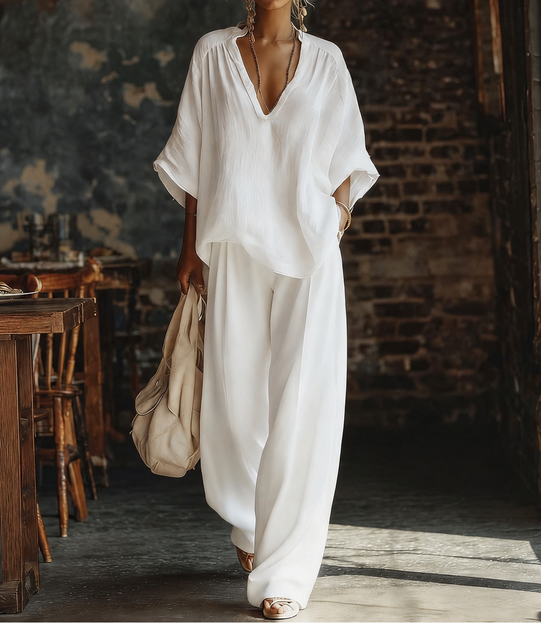 Relaxed Linen-Style Two Piece Set with V-Neckline Top and Wide Leg Trousers