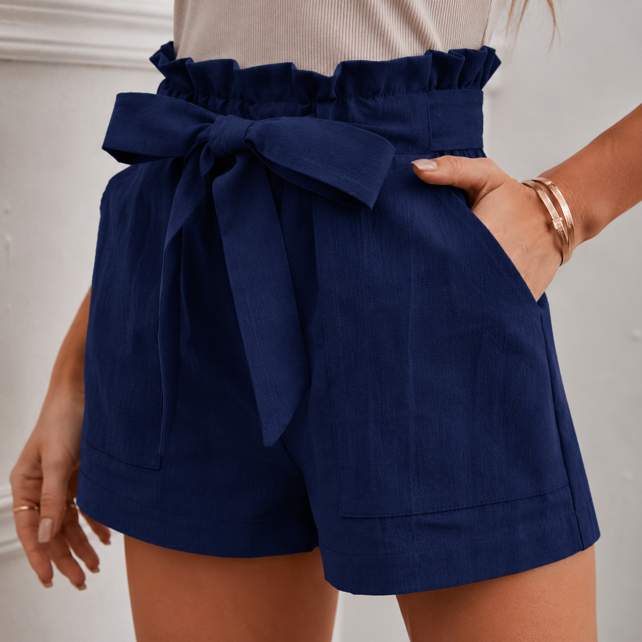 High Waist Shorts with Ruffle Waistband and Tie Belt
