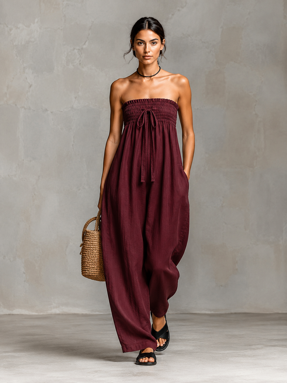 Strapless Jumpsuit with Smocked Bodice and Wide Leg