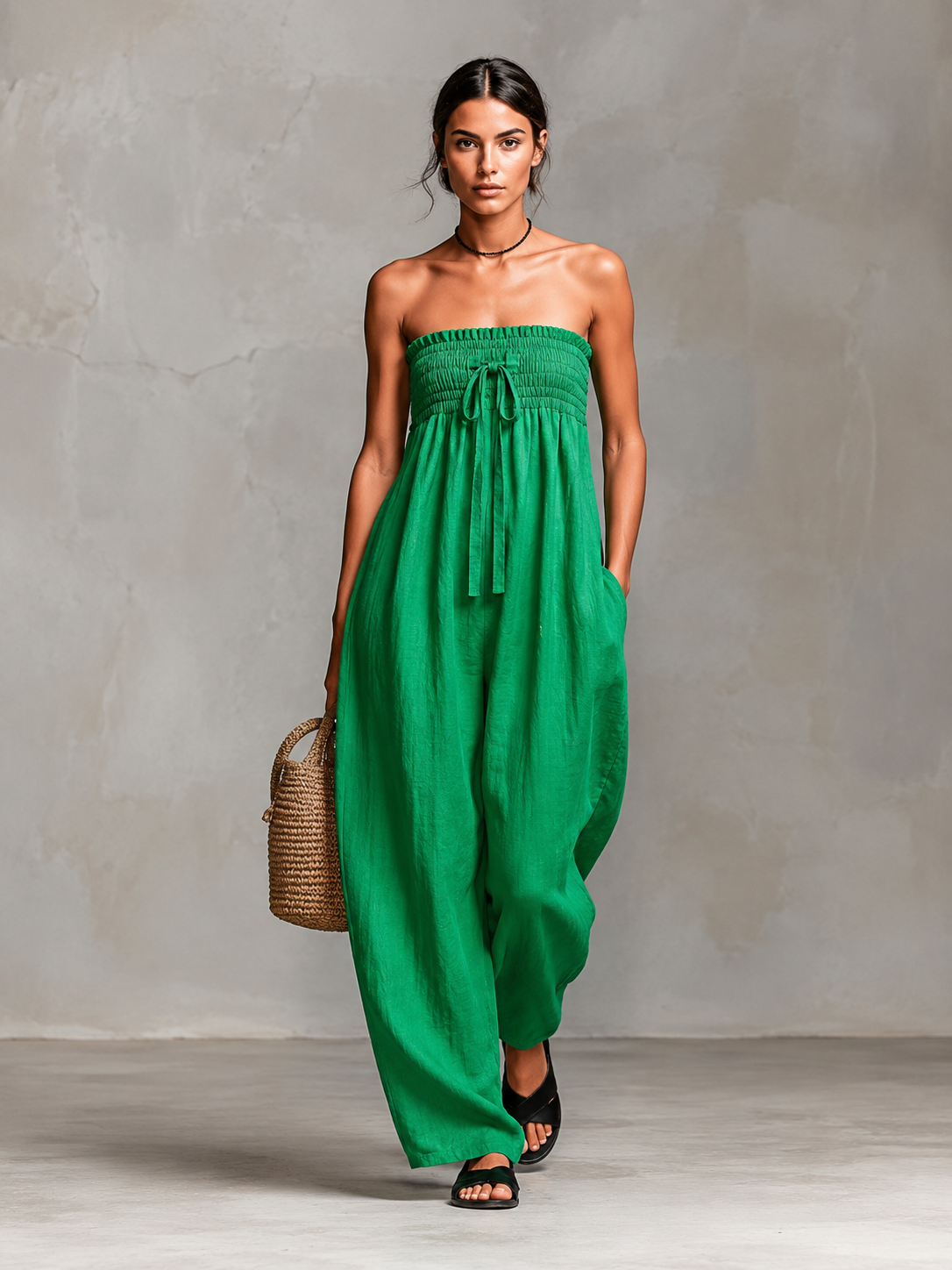 Strapless Jumpsuit with Smocked Bodice and Wide Leg