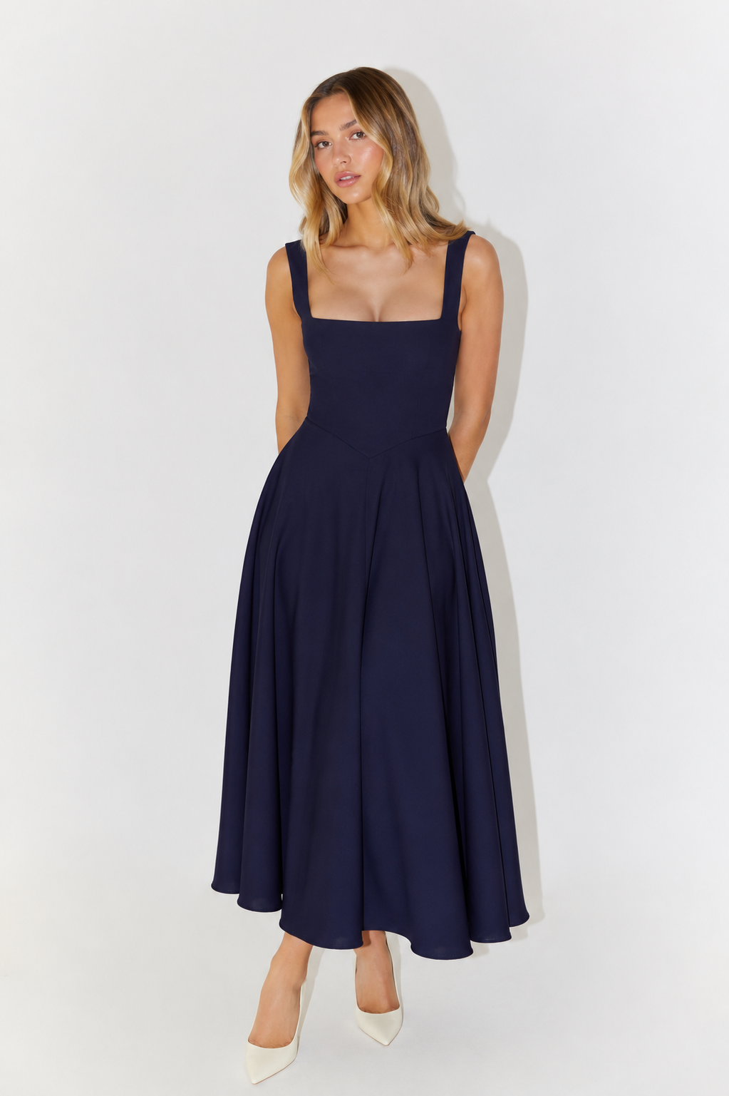 Timeless Midi Dress with Square Neck and Full Skirt