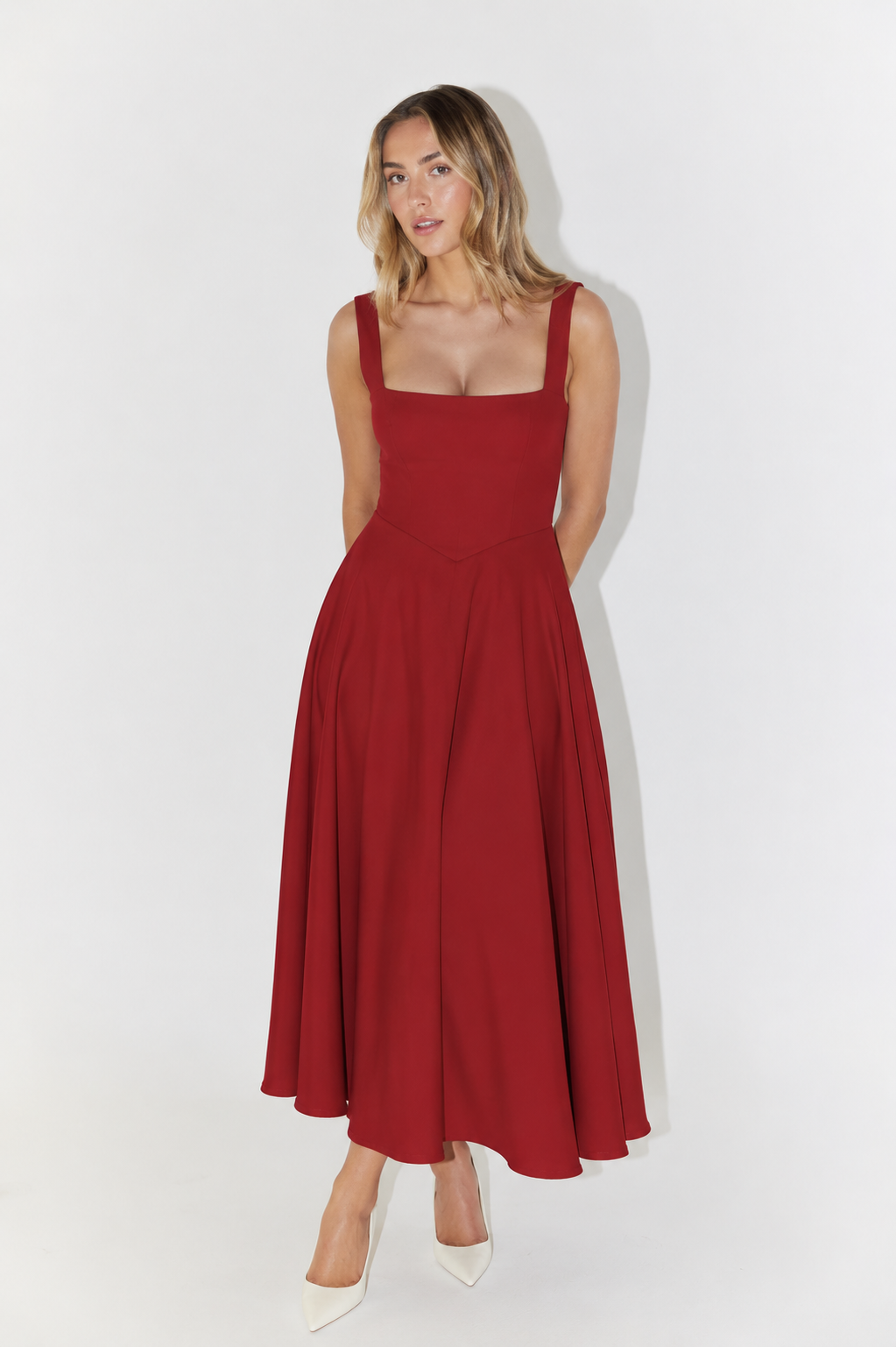 Timeless Midi Dress with Square Neck and Full Skirt