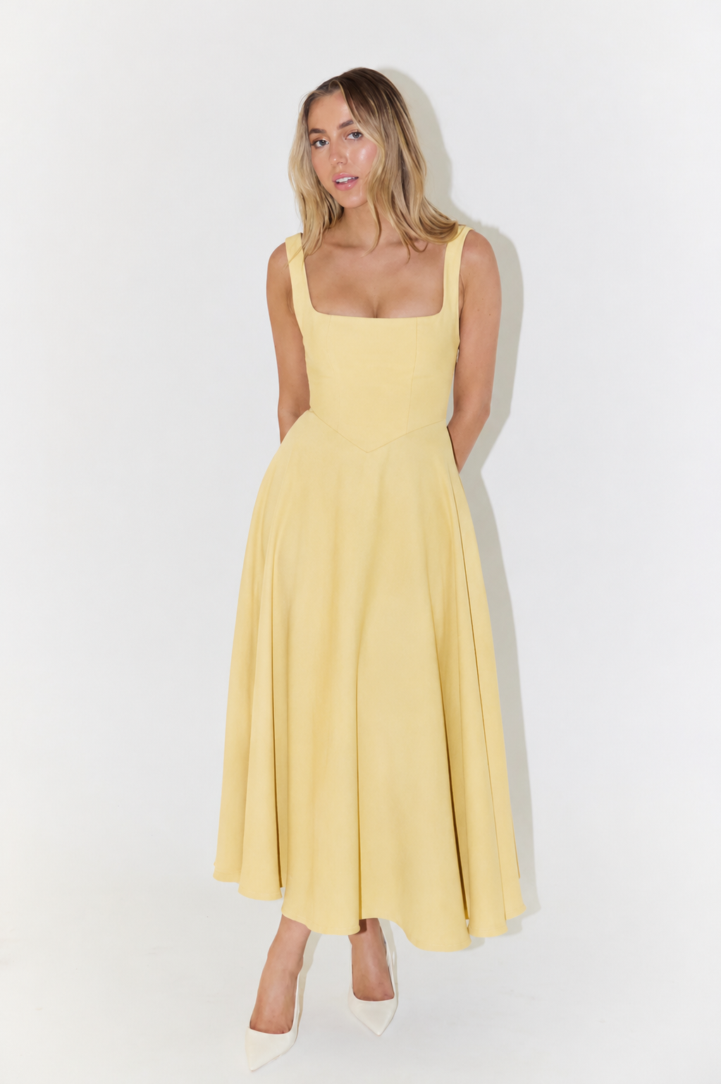Timeless Midi Dress with Square Neck and Full Skirt