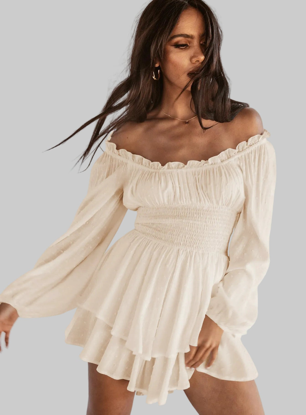 Chic Off Shoulder Playsuit with Puff Sleeves and Tiered Skirt