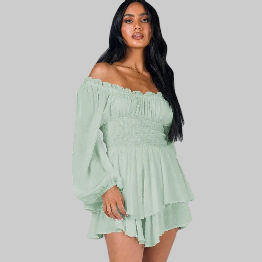 Chic Off Shoulder Playsuit with Puff Sleeves and Tiered Skirt