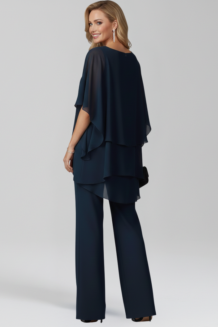 Chiffon Overlay Jumpsuit with Cape Sleeves and Embellished Strap