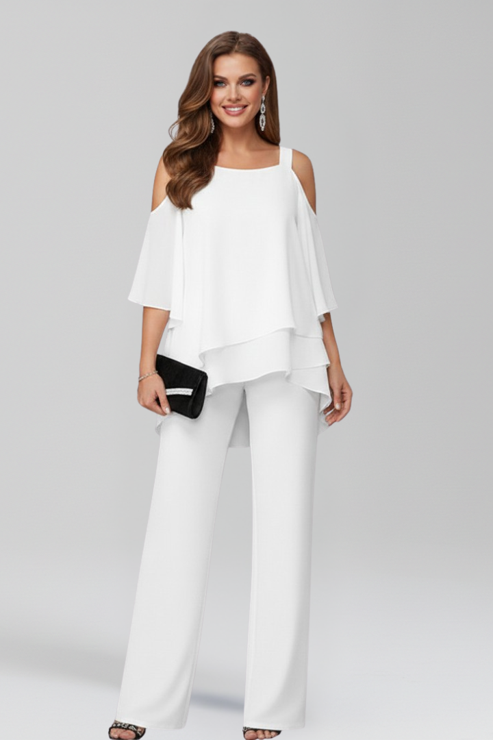 Chiffon Overlay Jumpsuit with Cape Sleeves and Embellished Strap