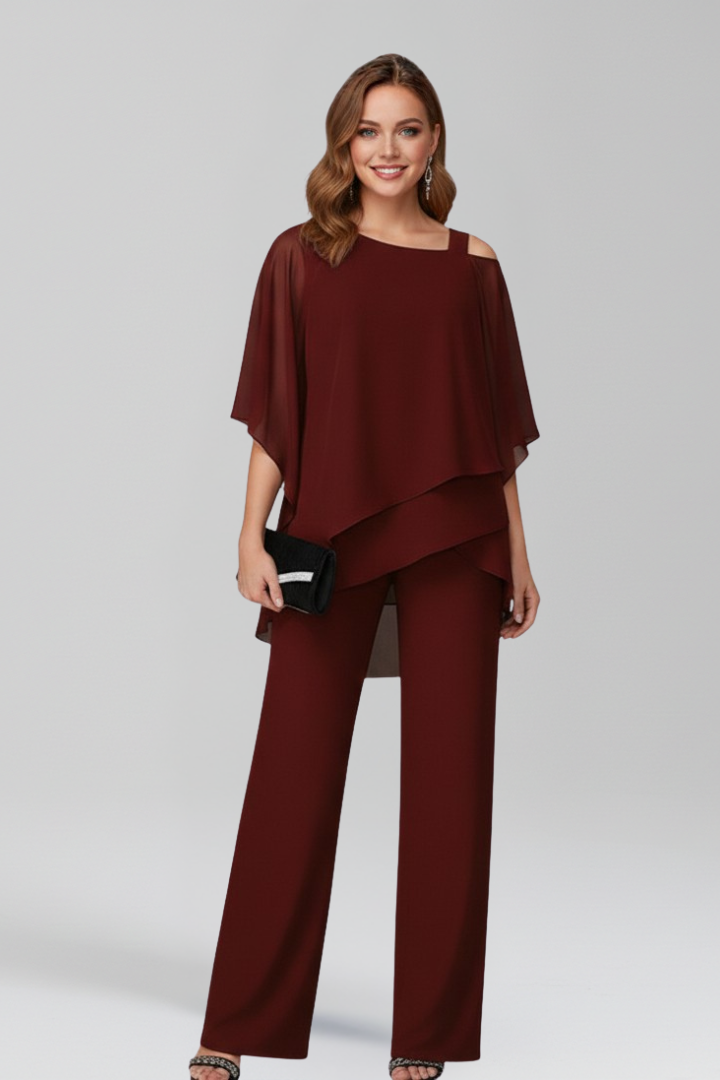Chiffon Overlay Jumpsuit with Cape Sleeves and Embellished Strap
