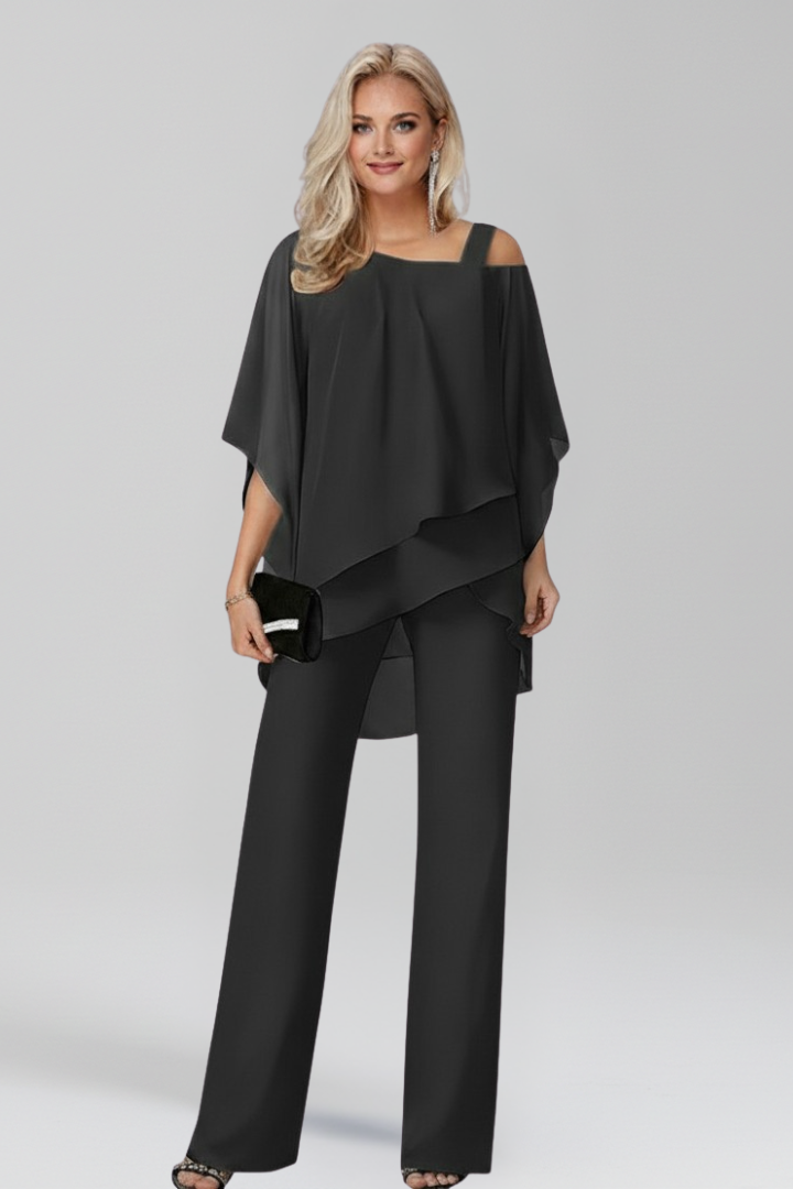 Chiffon Overlay Jumpsuit with Cape Sleeves and Embellished Strap