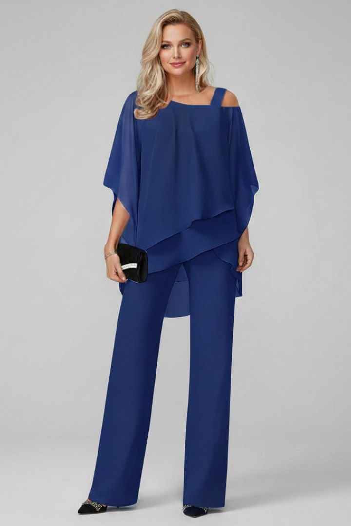Chiffon Overlay Jumpsuit with Cape Sleeves and Embellished Strap