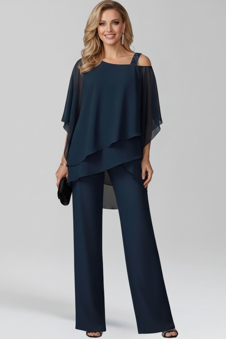 Chiffon Overlay Jumpsuit with Cape Sleeves and Embellished Strap