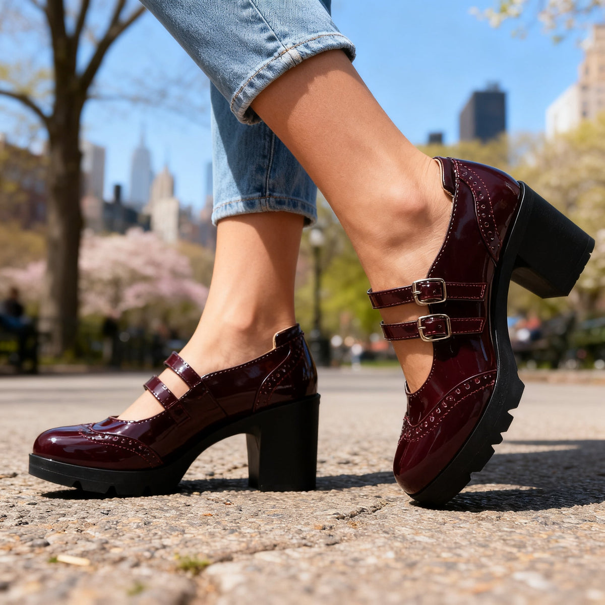Chunky Heeled Mary Janes with Brogue Detail and Double Buckle Straps