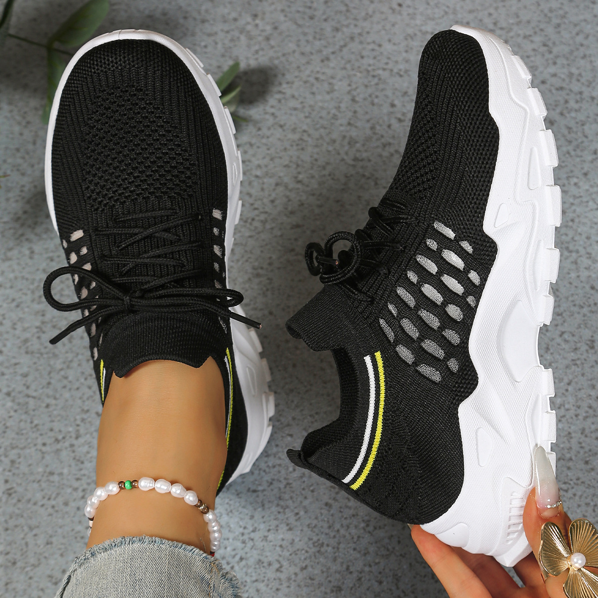 Chunky Sole Knit Sneakers with Lace Up Front and Stripe Detail