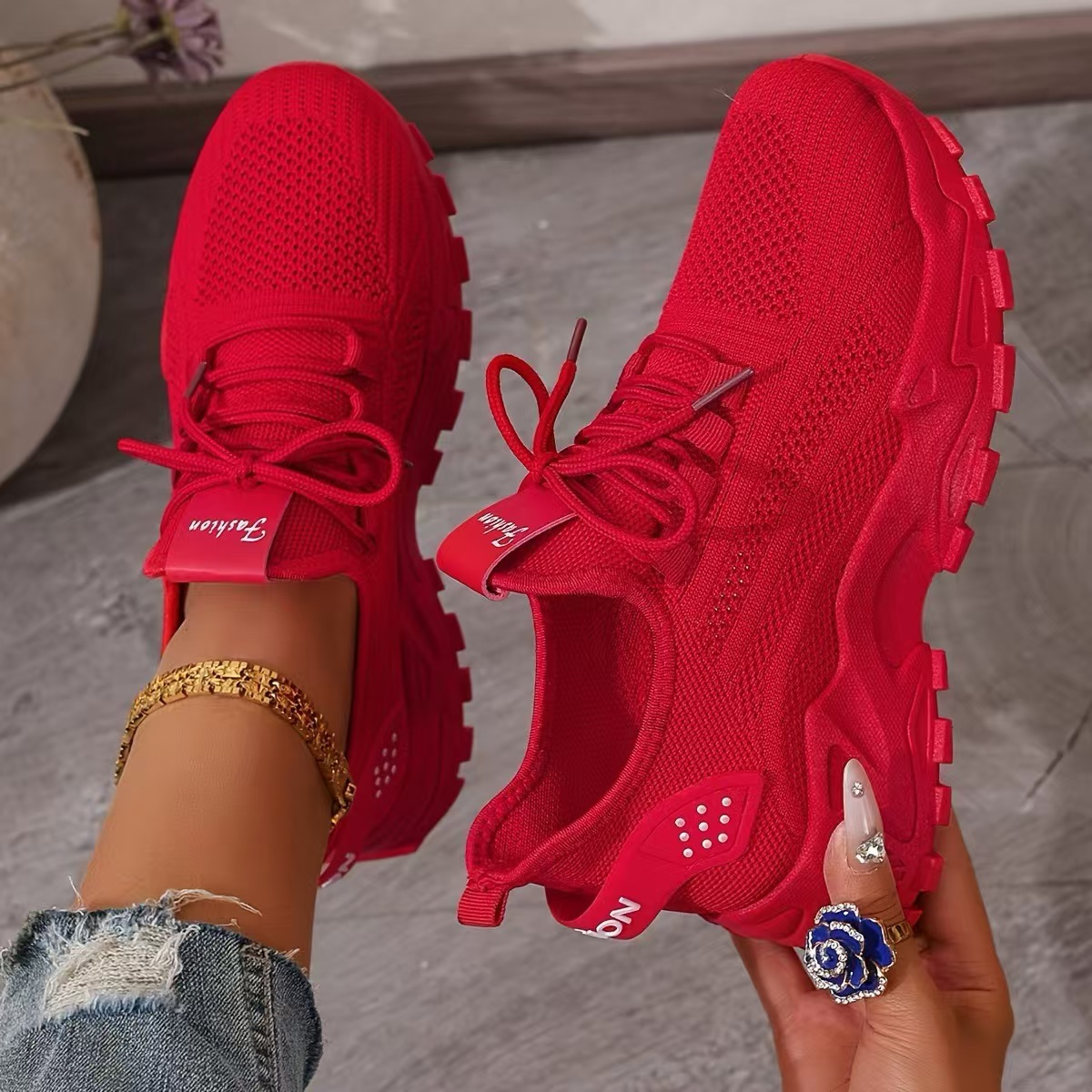 Chunky Sole Knit Sneakers with Lace Up Front and Stripe Detail