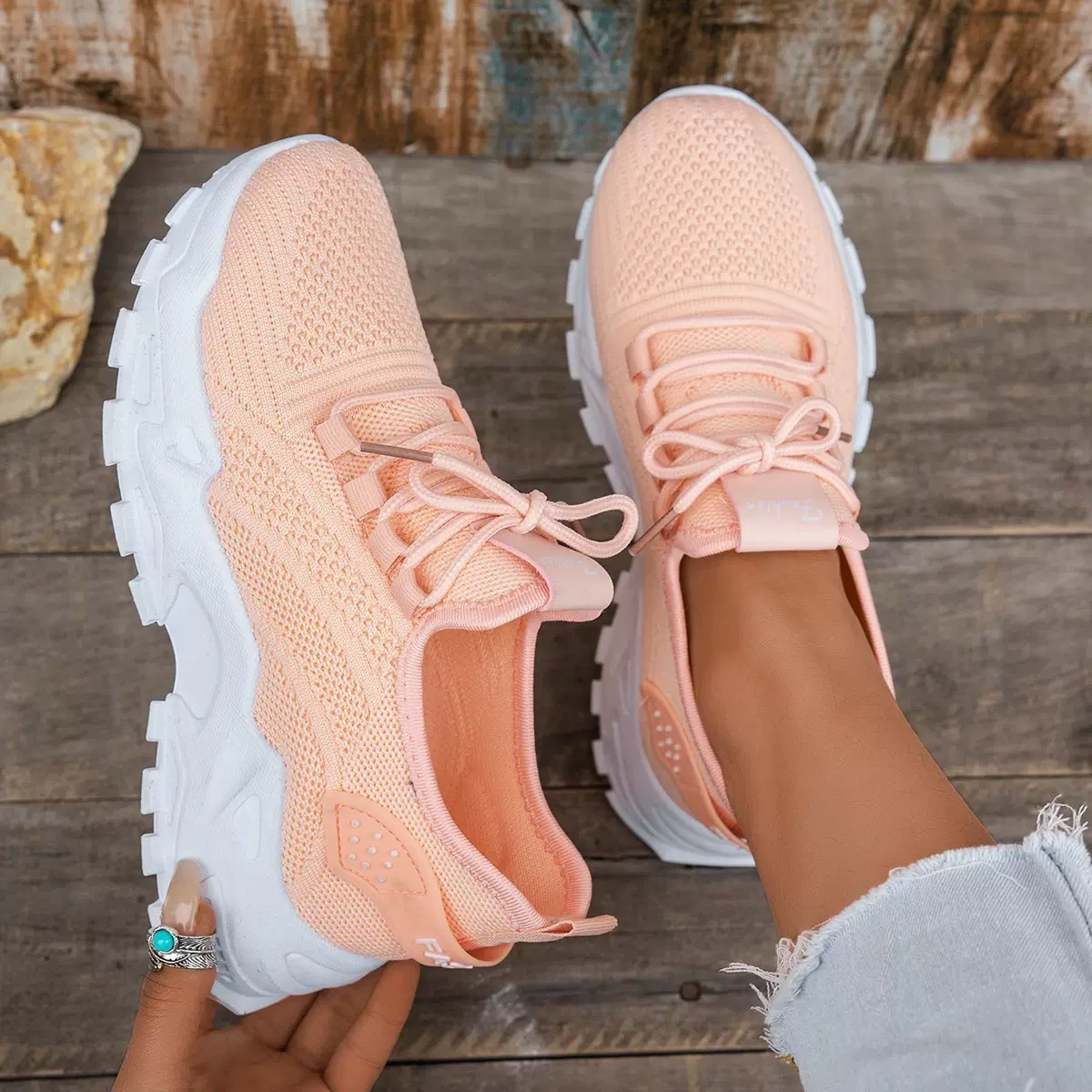 Chunky Sole Knit Sneakers with Lace Up Front and Stripe Detail