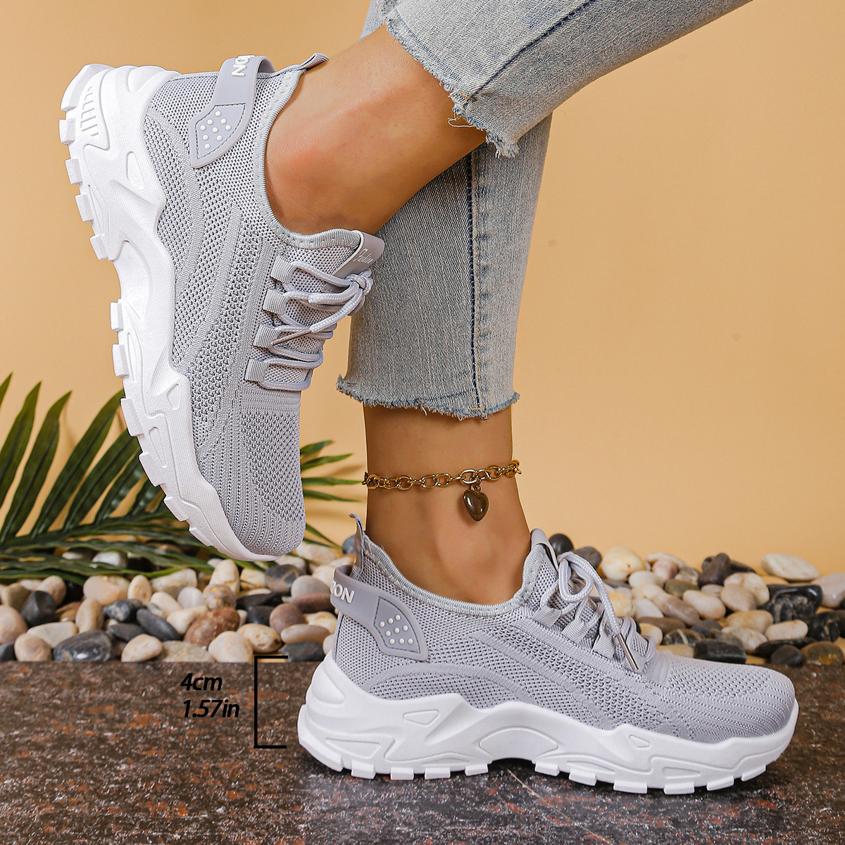 Chunky Sole Knit Sneakers with Lace Up Front and Stripe Detail