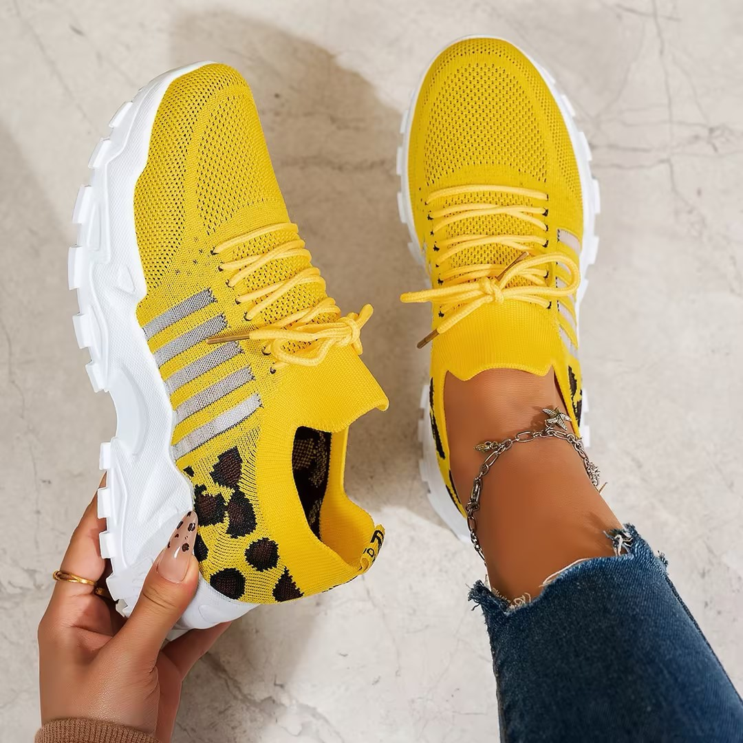 Chunky Sole Knit Sneakers with Lace Up Front and Stripe Detail