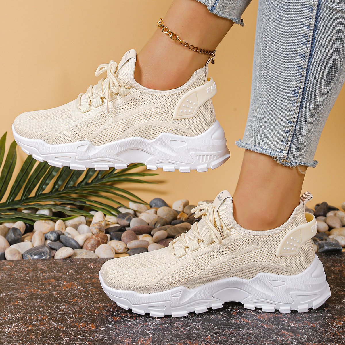 Chunky Sole Knit Sneakers with Lace Up Front and Stripe Detail