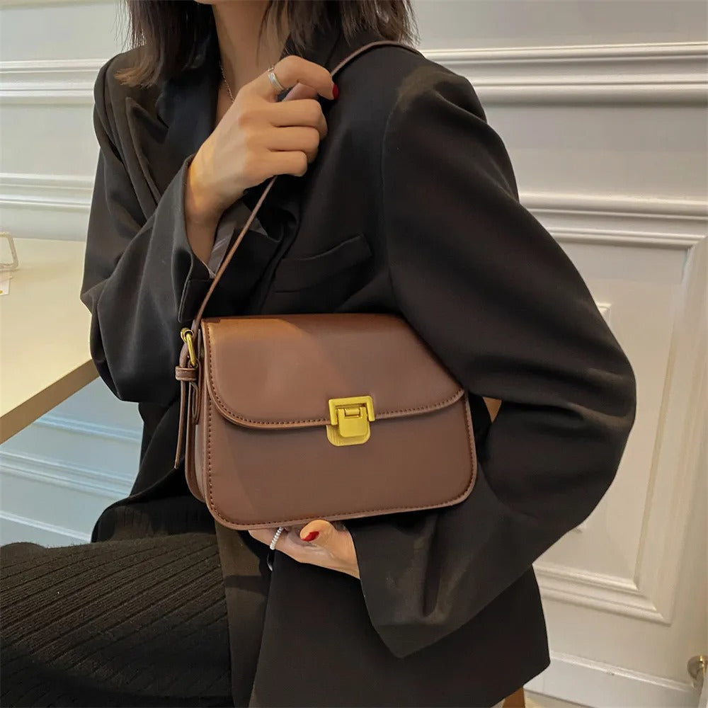 Classic Leather Clutch Bag with Gold Push Clasp