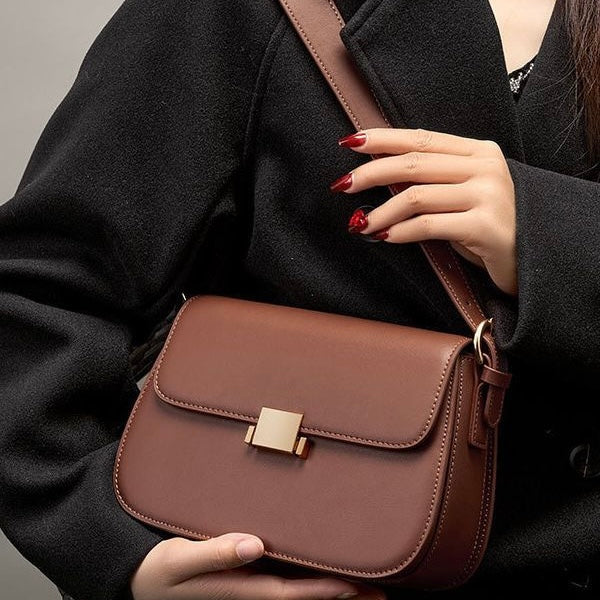 Classic Leather Shoulder Bag with Gold Turn-Lock Clasp