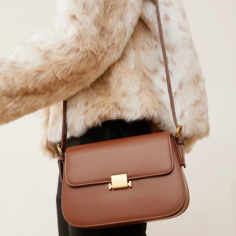 Classic Leather Shoulder Bag with Gold Turn-Lock Clasp
