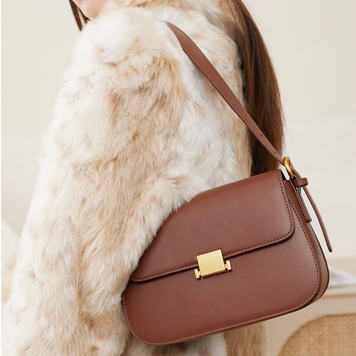 Classic Leather Shoulder Bag with Gold Turn-Lock Clasp