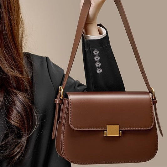 Classic Leather Shoulder Bag with Gold Turn-Lock Clasp
