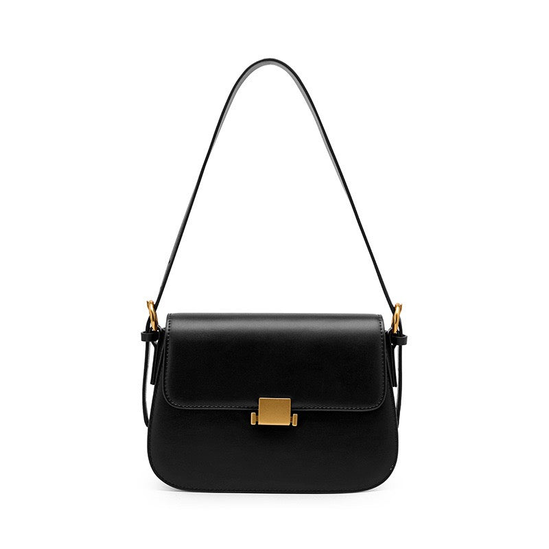 Classic Leather Shoulder Bag with Gold Turn-Lock Clasp