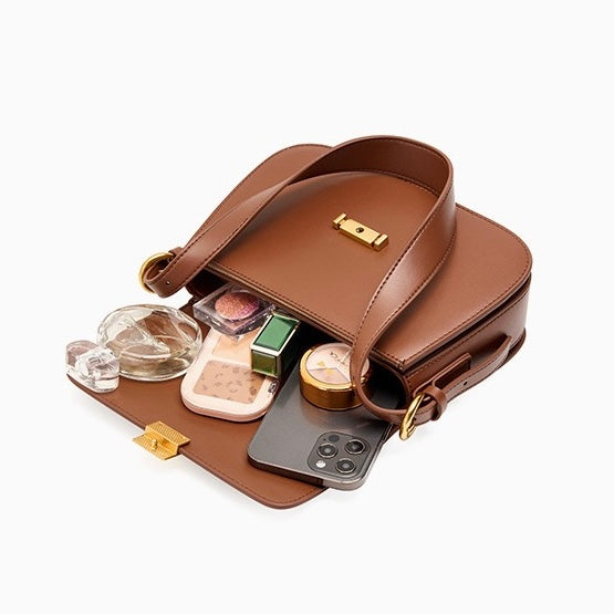 Classic Leather Shoulder Bag with Gold Turn-Lock Clasp