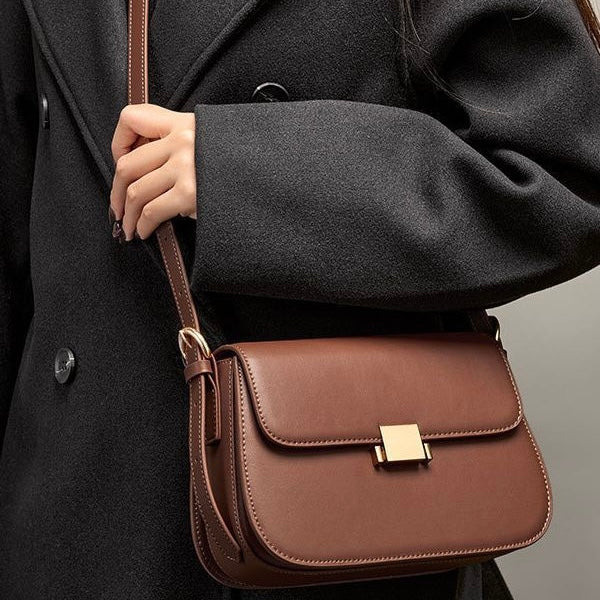 Classic Leather Shoulder Bag with Gold Turn-Lock Clasp