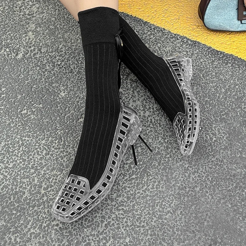 Clear Jelly Shoes with Woven Cage Upper and Flat Sole
