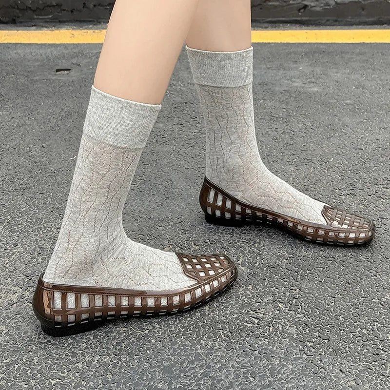 Clear Jelly Shoes with Woven Cage Upper and Flat Sole