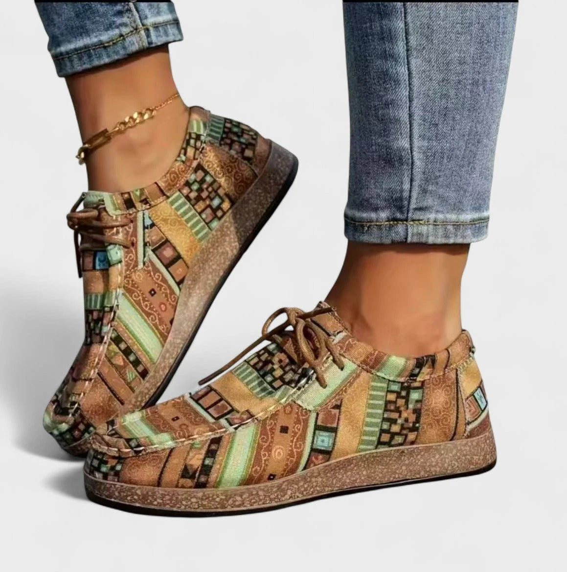Colourful Boho Patchwork Print Lace Up Sneakers with Flat Sole