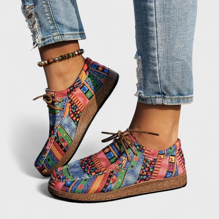 Colourful Boho Patchwork Print Lace Up Sneakers with Flat Sole