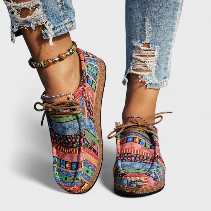 Colourful Boho Patchwork Print Lace Up Sneakers with Flat Sole