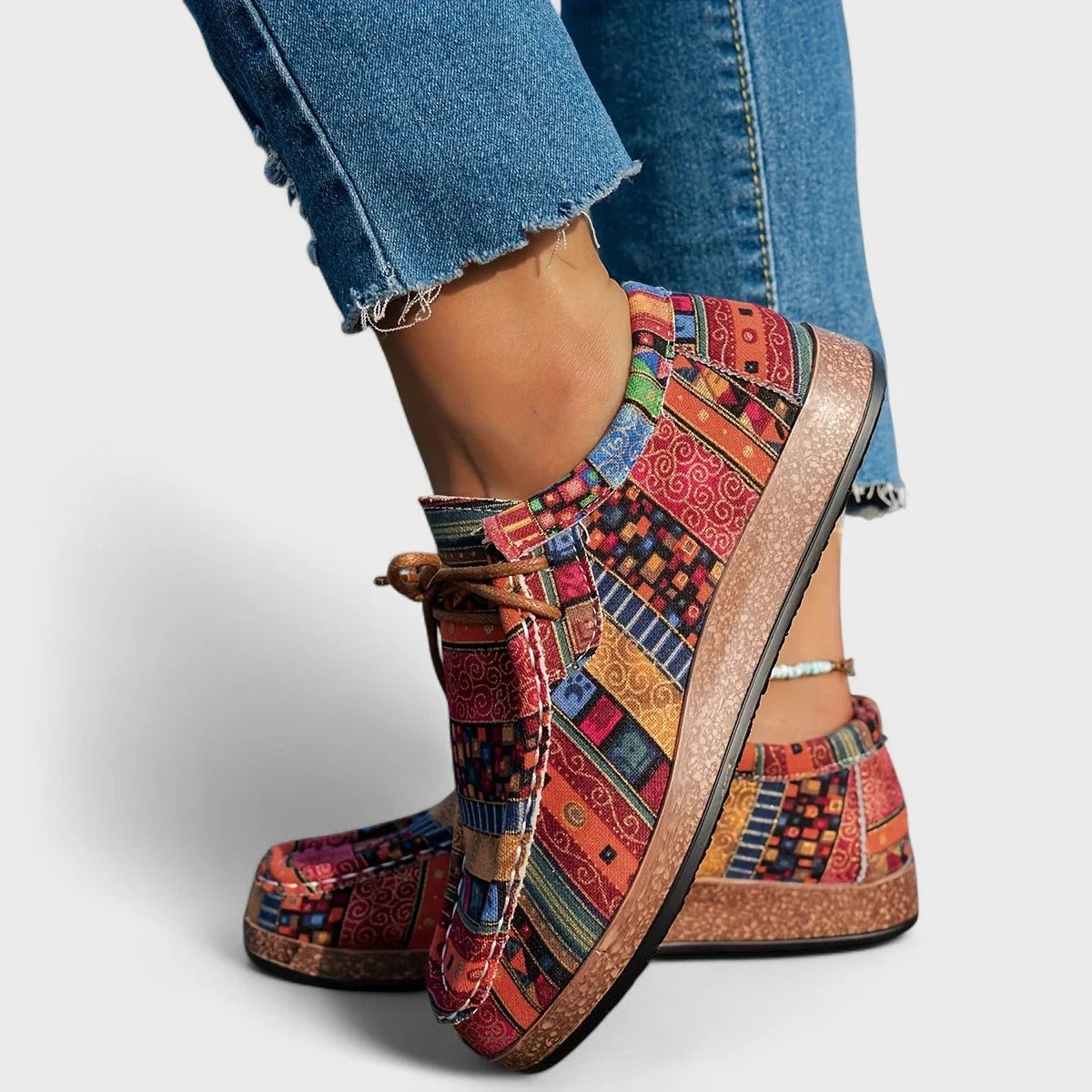 Colourful Boho Patchwork Print Lace Up Sneakers with Flat Sole