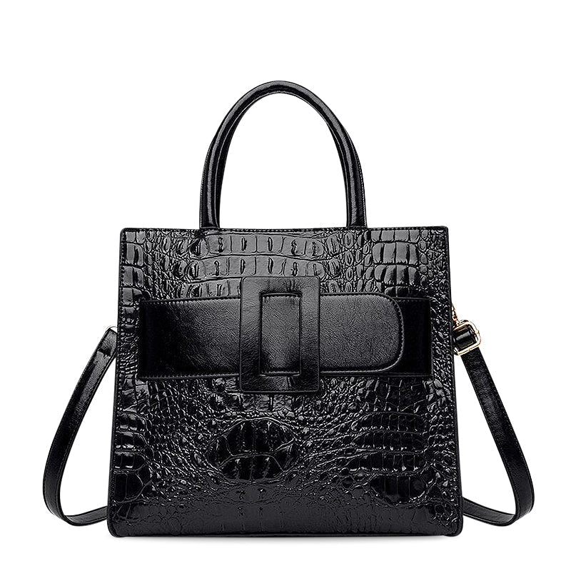 Croc Embossed Leather Handbag with Front Buckle Strap