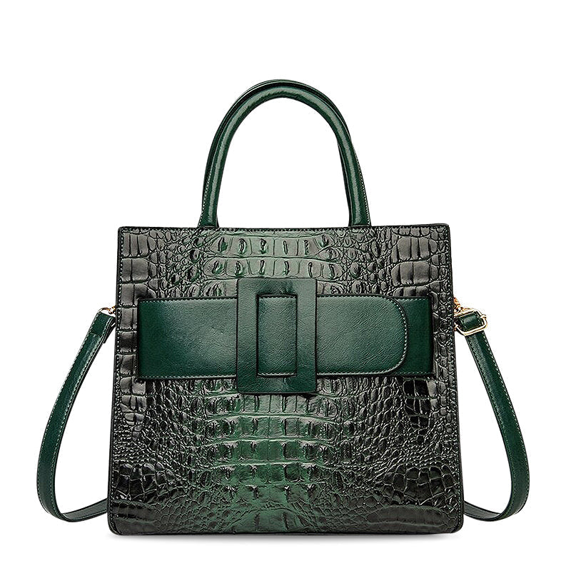 Croc Embossed Leather Handbag with Front Buckle Strap