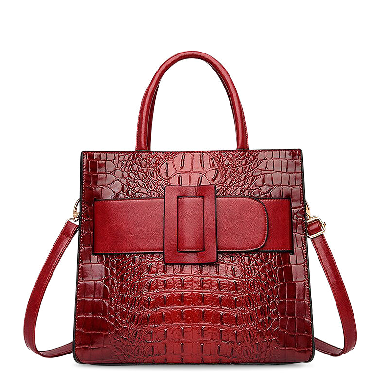Croc Embossed Leather Handbag with Front Buckle Strap