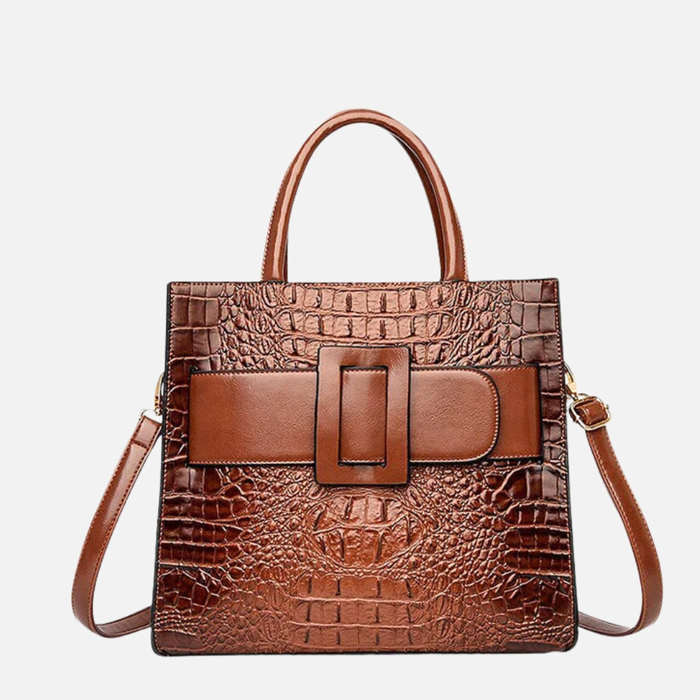 Croc Embossed Leather Handbag with Front Buckle Strap
