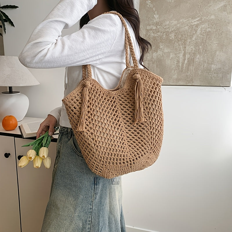 Crochet Shoulder Bag with Tassel Drawstring Detail