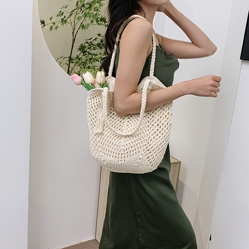 Crochet Shoulder Bag with Tassel Drawstring Detail