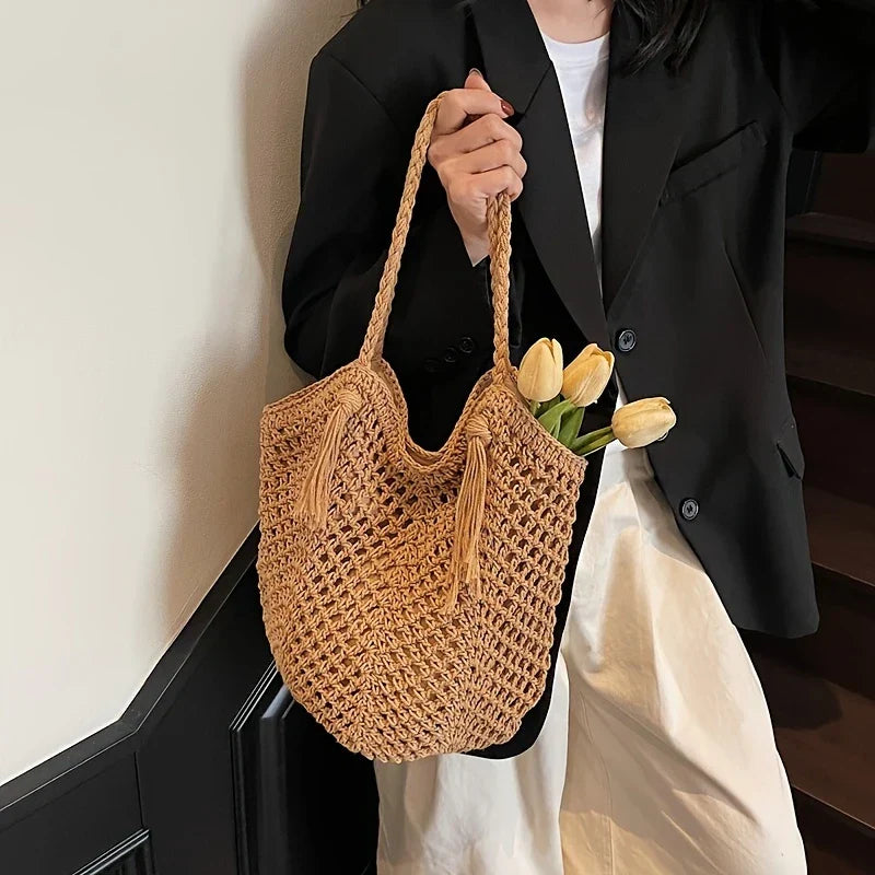 Crochet Shoulder Bag with Tassel Drawstring Detail