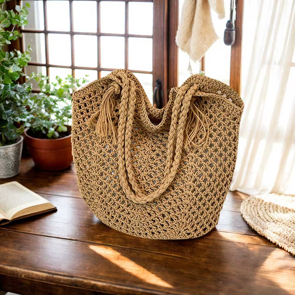Crochet Shoulder Bag with Tassel Drawstring Detail