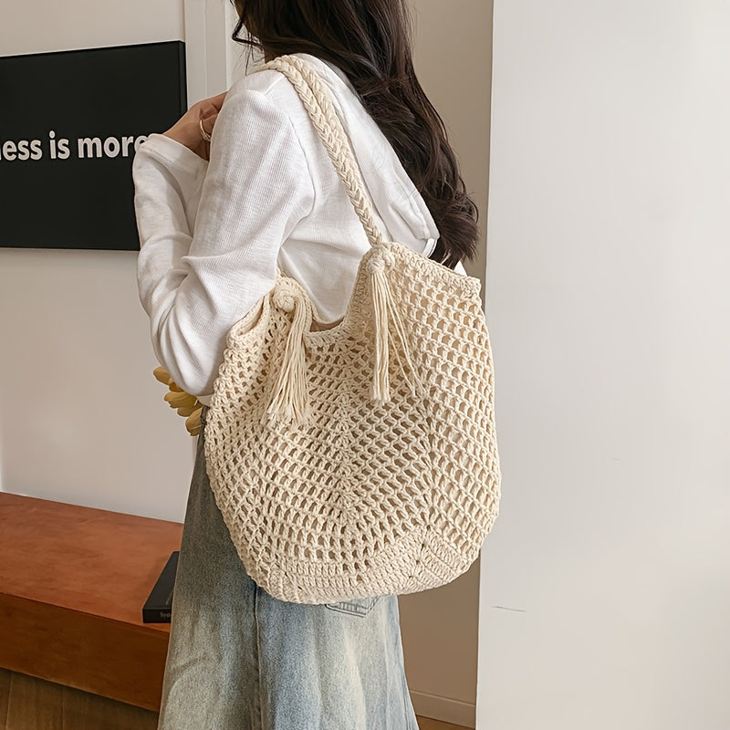 Crochet Shoulder Bag with Tassel Drawstring Detail