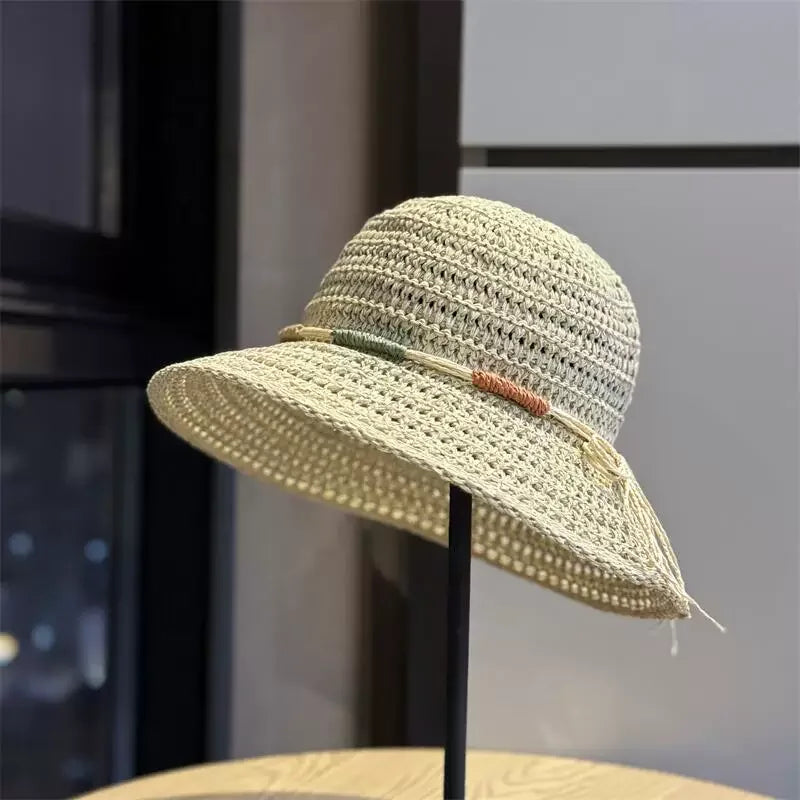 Crochet Straw Sun Hat with Wide Brim and Bow Detail