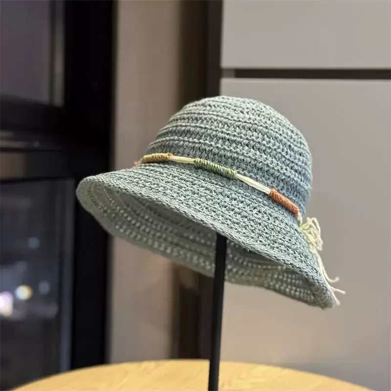 Crochet Straw Sun Hat with Wide Brim and Bow Detail